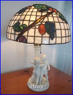 Vintage Art Nouveau Deco Figural Cherub Lamp w Leaded Stained Slag Glass Shade