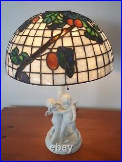 Vintage Art Nouveau Deco Figural Cherub Lamp w Leaded Stained Slag Glass Shade