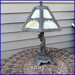 Vintage Art Nouveau Slag glass Cast metal Lamp with cherub. Very Tarnished