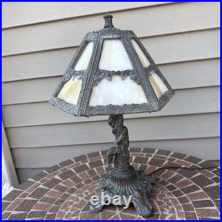 Vintage Art Nouveau Slag glass Cast metal Lamp with cherub. Very Tarnished