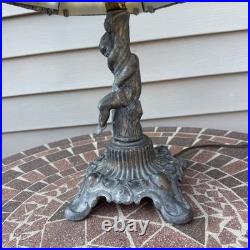 Vintage Art Nouveau Slag glass Cast metal Lamp with cherub. Very Tarnished