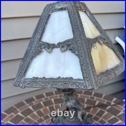 Vintage Art Nouveau Slag glass Cast metal Lamp with cherub. Very Tarnished