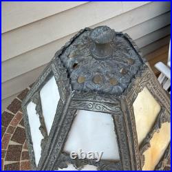 Vintage Art Nouveau Slag glass Cast metal Lamp with cherub. Very Tarnished