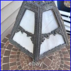 Vintage Art Nouveau Slag glass Cast metal Lamp with cherub. Very Tarnished
