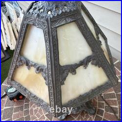 Vintage Art Nouveau Slag glass Cast metal Lamp with cherub. Very Tarnished
