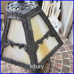 Vintage Art Nouveau Slag glass Cast metal Lamp with cherub. Very Tarnished