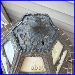 Vintage Art Nouveau Slag glass Cast metal Lamp with cherub. Very Tarnished