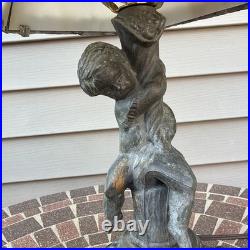 Vintage Art Nouveau Slag glass Cast metal Lamp with cherub. Very Tarnished