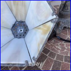 Vintage Art Nouveau Slag glass Cast metal Lamp with cherub. Very Tarnished