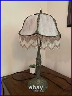 Vintage Art Nouveau Table Lamp Mauve Purple Slag Glass Shade with Hanging Tassels