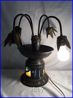 Vintage Art Nouveau Table Lamp Slag Glass Lamp Tulip Shaped Palm Leaf Hand Paint