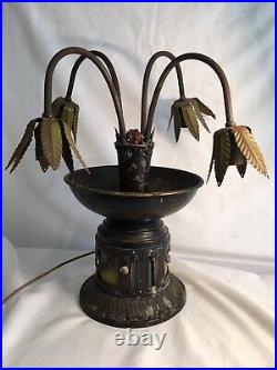 Vintage Art Nouveau Table Lamp Slag Glass Lamp Tulip Shaped Palm Leaf Hand Paint