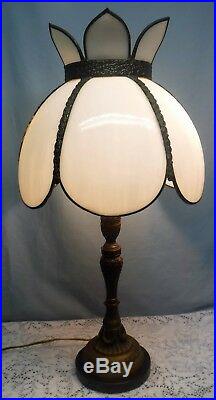 Vintage Art Nouveau Table Lamp White Slag Glass Shade Tiffany Style