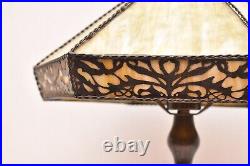 Vintage Art Nouveau Victorian 4 Panel Marbled Slag Stained Glass Table Lamp 19
