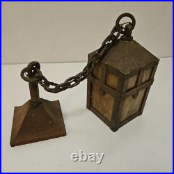 Vintage Arts Crafts Mission Lantern Sconce Slag Glass Brass Hanging Chain Light