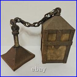 Vintage Arts Crafts Mission Lantern Sconce Slag Glass Brass Hanging Chain Light