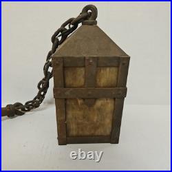 Vintage Arts Crafts Mission Lantern Sconce Slag Glass Brass Hanging Chain Light
