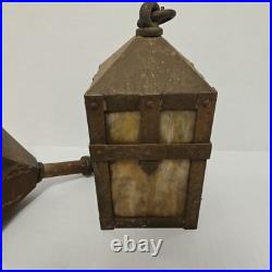 Vintage Arts Crafts Mission Lantern Sconce Slag Glass Brass Hanging Chain Light