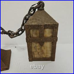 Vintage Arts Crafts Mission Lantern Sconce Slag Glass Brass Hanging Chain Light