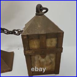 Vintage Arts Crafts Mission Lantern Sconce Slag Glass Brass Hanging Chain Light