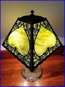 Vintage Arts & Crafts Signed Miller Slag Glass Lamp with Beautiful Filigree