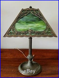 Vintage Arts & Crafts Signed Miller Slag Glass Lamp with Beautiful Filigree