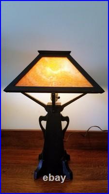 Vintage Arts & Crafts Wooden Slag Glass Table Lamp
