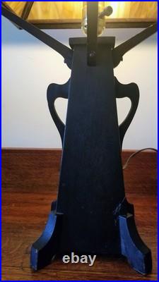 Vintage Arts & Crafts Wooden Slag Glass Table Lamp