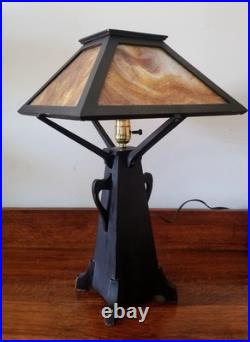 Vintage Arts & Crafts Wooden Slag Glass Table Lamp