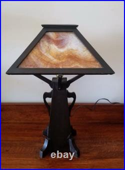 Vintage Arts & Crafts Wooden Slag Glass Table Lamp