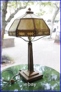 Vintage Arts and Crafts Metal and Slag Glass Table Lamp