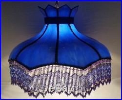 Vintage Blue Marble Slag Glass hanging pendent light lamp Antique Brass Beaded