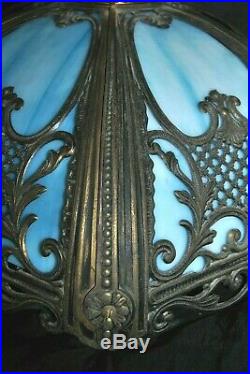 Vintage Blue Slag Glass Shade for Table Lamp 6 Panel Ornate Brass #2