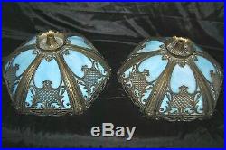 Vintage Blue Slag Glass Shade for Table Lamp 6 Panel Ornate Brass #2