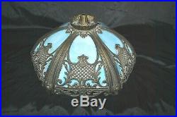 Vintage Blue Slag Glass Shade for Table Lamp 6 Panel Ornate Brass Art&Craft #1
