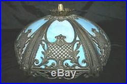 Vintage Blue Slag Glass Shade for Table Lamp 6 Panel Ornate Brass Art&Craft #1