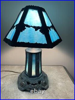Vintage Blue Slag Glass Table Lamp By EF & EF Industries 1973