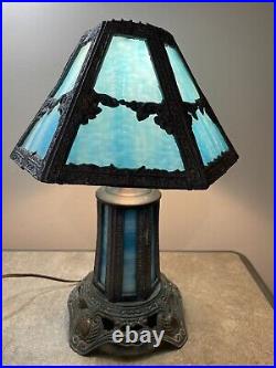 Vintage Blue Slag Glass Table Lamp By EF & EF Industries 1973