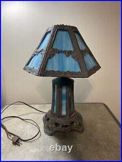 Vintage Blue Slag Glass Table Lamp By EF & EF Industries 1973