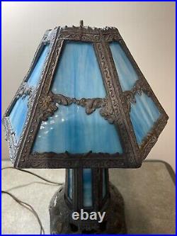 Vintage Blue Slag Glass Table Lamp By EF & EF Industries 1973