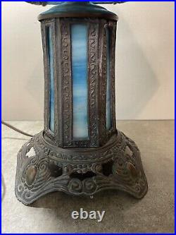 Vintage Blue Slag Glass Table Lamp By EF & EF Industries 1973
