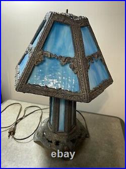 Vintage Blue Slag Glass Table Lamp By EF & EF Industries 1973