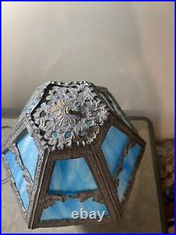 Vintage Blue Slag Glass Table Lamp By EF & EF Industries 1973