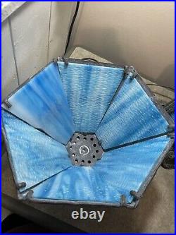 Vintage Blue Slag Glass Table Lamp By EF & EF Industries 1973