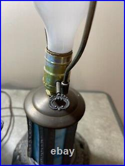 Vintage Blue Slag Glass Table Lamp By EF & EF Industries 1973