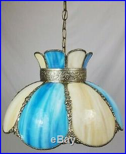 Vintage Blue Slag Stained Glass Hanging Swag Ceiling Lamp Light 8 Panel