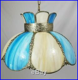 Vintage Blue Slag Stained Glass Hanging Swag Ceiling Lamp Light 8 Panel