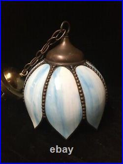 Vintage Blue Tulip Slag Glass Swag Lamp Ceiling Light Fixture