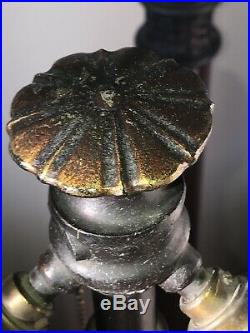 Vintage Bradley Hubbard Signed 8 Panel Slag Glass Arts Crafts Bronze Base Lamp