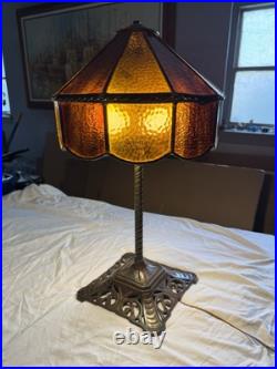 Vintage Brass Color Cast Iron Slag Glass Table Lamp Brown Amber Working Vintage Brass Color Cast Iron Slag Glass Table Lamp Brown Amber Working